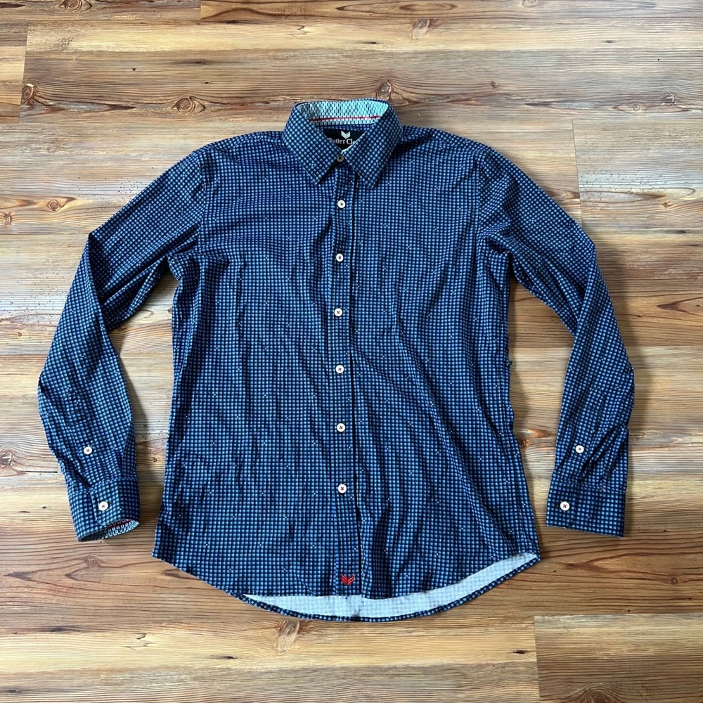 Butter Cloth Mens Medium Blue Black Micro Check Long Sleeve Button Down Shirt